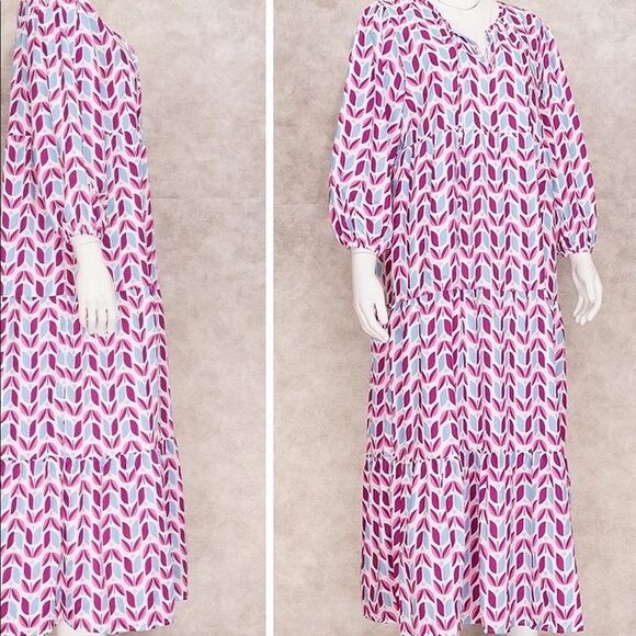 Tiered Maxi Dress Bohemian V Neck Puff Sleeve Beach Sundress - Picture 3 of 8